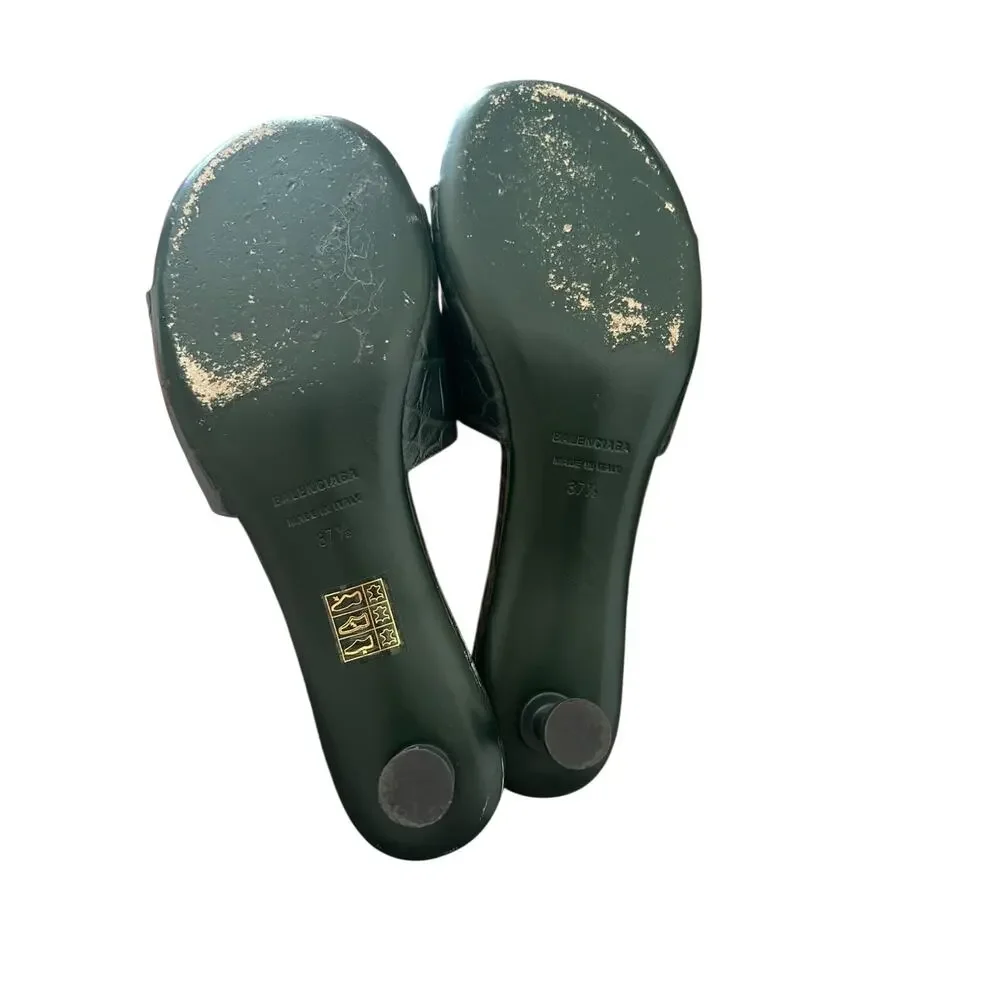 Balenciaga Groupie BB Sandal in Green Croc-Embossed Calfskin leather Size 37.5
